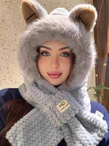 1 可爱二合一帽子围巾，狐狸耳朵围巾，兔耳羊毛帽，可爱耳朵羊毛帽和围巾组合，一体式耳罩防风帽和围巾，适合女性冬季秋季 - 彩色 - 查看 10