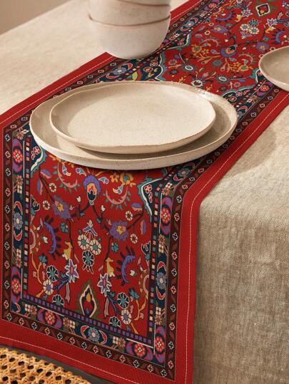 1 件手绘伊斯兰花卉波西米亚风格印花亚麻桌旗，适合节日、派对、生日、晚宴、厨房、餐厅装饰、家具和家纺装饰，四季皆宜