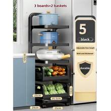 Höhenverstellbares Küchenlagerregal, multifunktionaler Boden-Topf-Pfannenhalter mit Gemüsekorb & Rädern