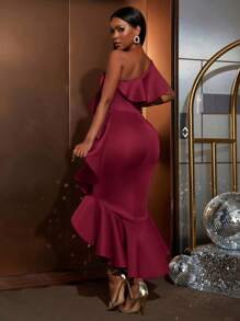 Faeriesty 优雅的美人鱼礼服，单肩设计，不对称荷叶边下摆，非常适合正式晚宴、鸡尾酒会、豪华活动或名人盛会。 - 紅色 - 查看 2