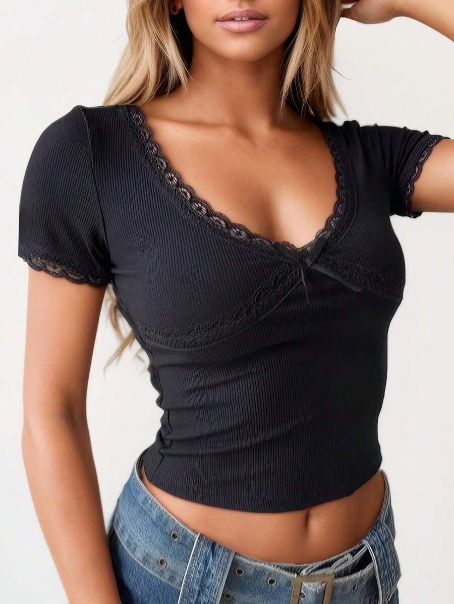 Women's Monochrome Neck Lace Trim Bow Decor Short Sleeve Casual Crop Top / Y2K Style T-Shirt - Black - View 1