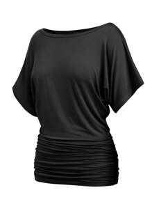 OUTBALL Women's Solid Short Sleeve Boat Neck Dolman Top With Side Shirring Casual Loose Fit T-Shirt - 黑色 - 查看 1