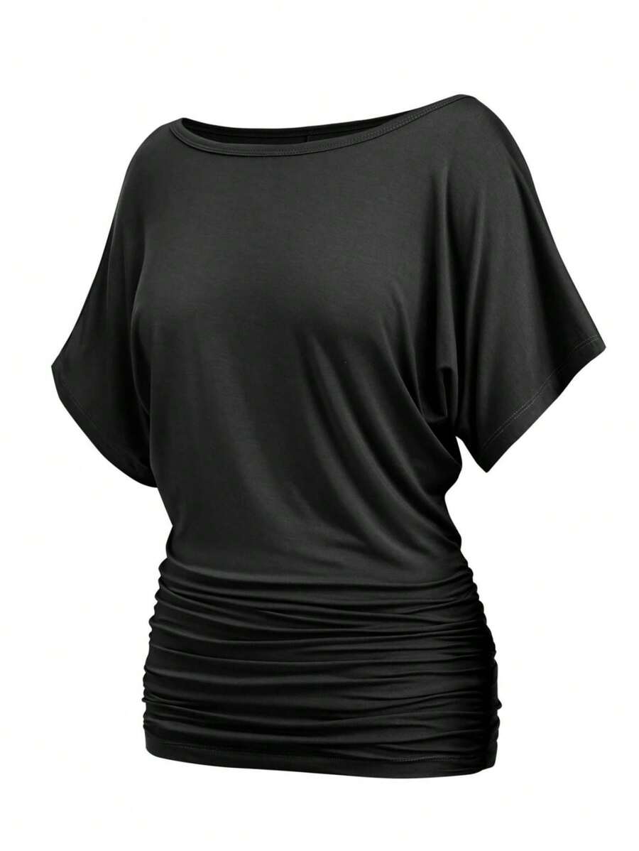 OUTBALL Women's Solid Short Sleeve Boat Neck Dolman Top With Side Shirring Casual Loose Fit T-Shirt - 黑色 - 查看 1