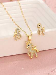 1 Set Exquisite Sparkling Cubic Zirconia Decor Unicorn Necklace & Stud Earrings For Kids Girls For Party Banquet Street Festival Dates For Children Birthday Gift