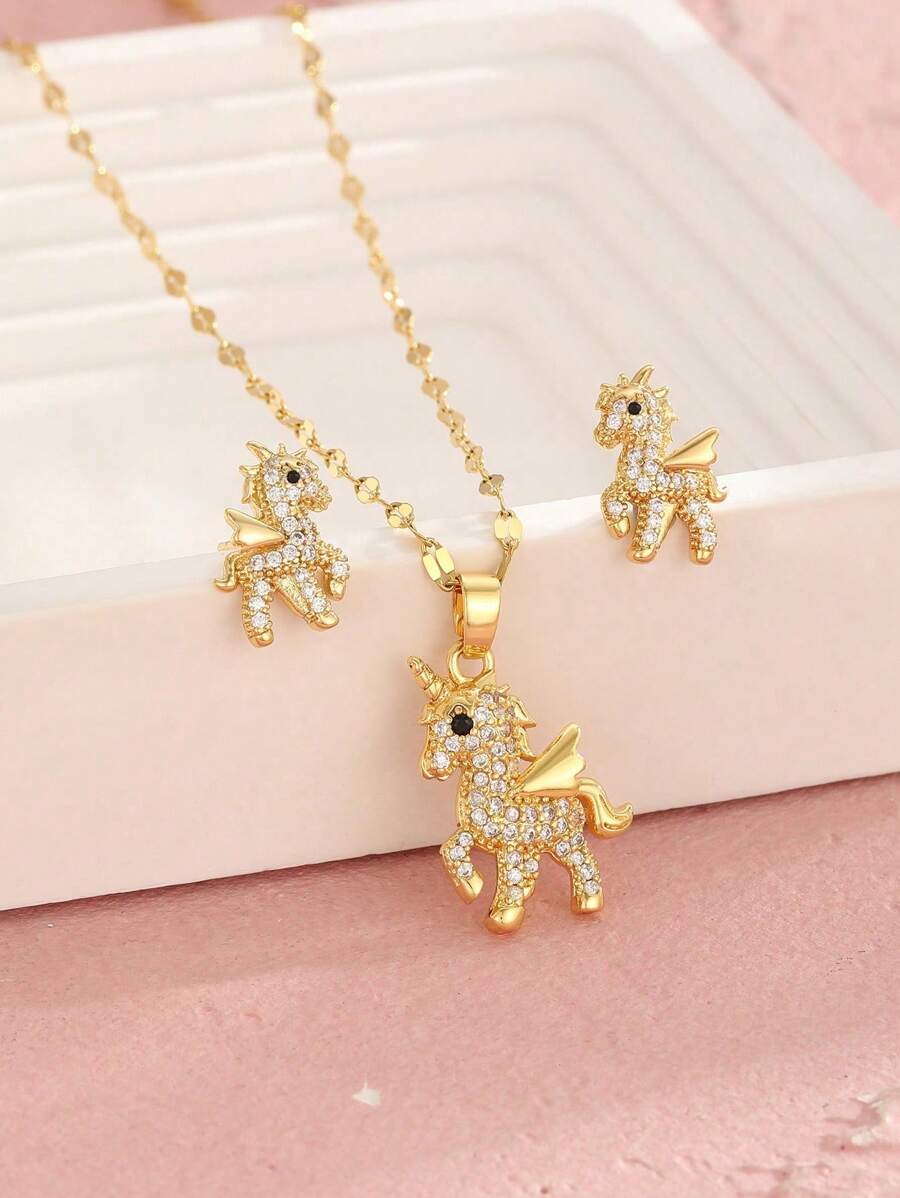 1 Set Exquisite Sparkling Cubic Zirconia Decor Unicorn Necklace & Stud Earrings For Kids Girls For Party Banquet Street Festival Dates For Children Birthday Gift