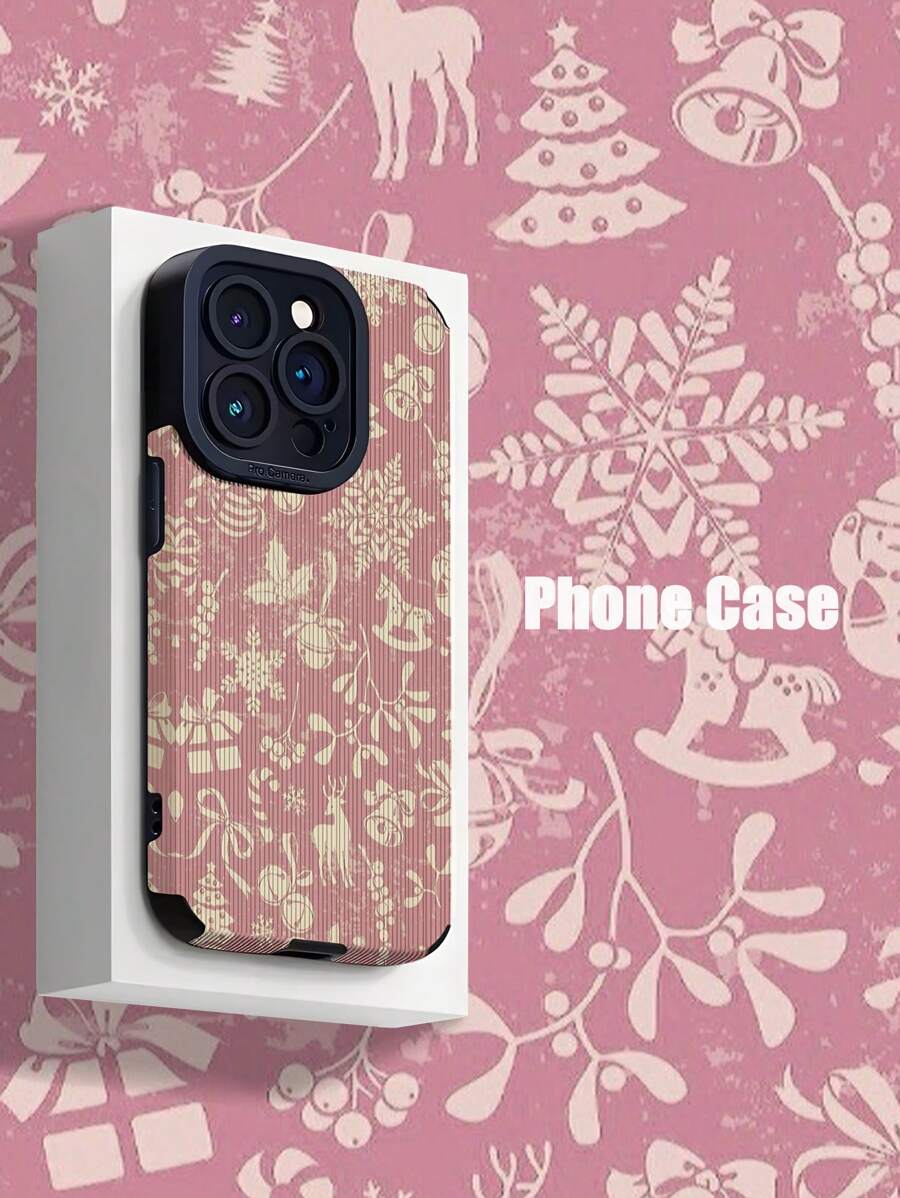 1pc Pink Christmas Pattern Vertical Striped Leather Texture Anti-Fall Anti-Fingerprint Shockproof Phone Case, Compatible With Iphone And Models