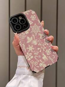 1pc Pink Christmas Pattern Vertical Striped Leather Texture Anti-Fall Anti-Fingerprint Shockproof Phone Case, Compatible With Iphone And Models