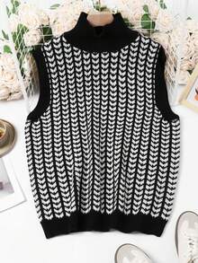 大码女式人字形印花无袖休闲黑白高领套头针织毛衣 - 黑與白 - 查看 3