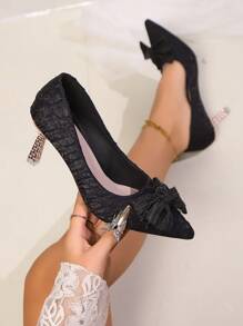 Women Spring/Autumn Fashion Pointed Toe Flats, Sweet Bowtie High Heels, Elegant Metal-Plated Stilettos, Fashionable Satin Slip-On Pumps