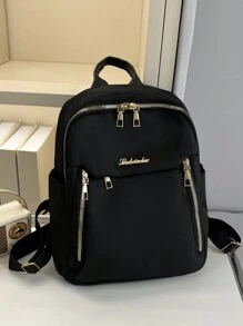 1 件黑色金属拉链尼龙背包，时尚百搭休闲运动大容量背包，适合女性、学校、旅行、约会 - 黑色 - 查看 1