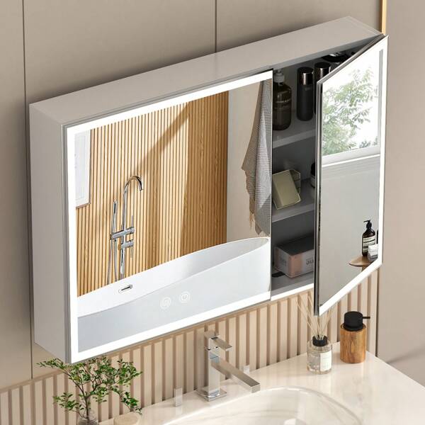 Medizinschrank mit Spiegel, Badezimmer-Wandschrank, Eitelkeit, Einbau- oder Aufbaumontage, Badezimmer-Holz-Wandschrank über der Toilette, weiß