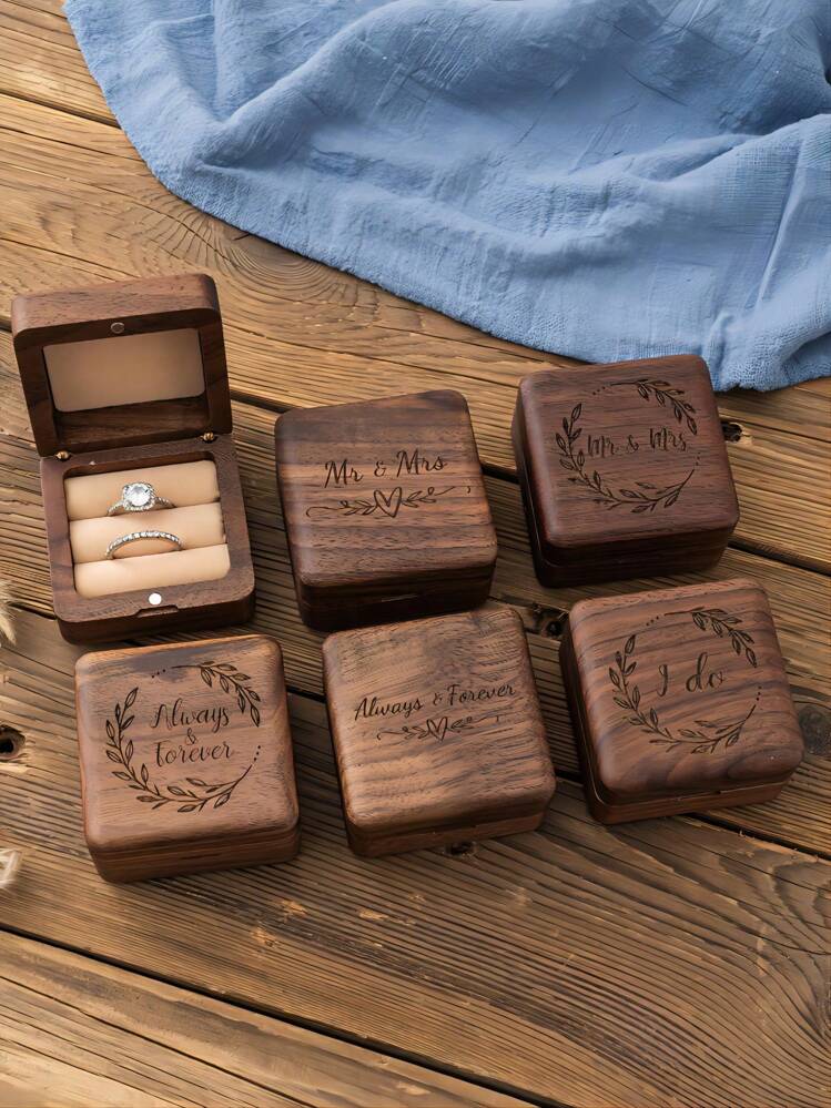 1pc Wooden Jewelry Box, Modern Letter Graphic Jewelry Storage Box For Home, Gift For Valentine's Day Back To School - Brown - View 2