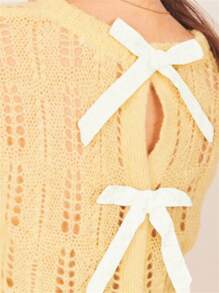 Ladies Autumn Winter Solid Color Back Tie Hollow Out Sweater, Elegant Casual Soft Loose Fit Pullover Suitable For Fashionable Travel Club Gathering.