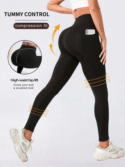 Ladies' Fitted Sports Leggings With Phone Pocket, Tight Workout Pants For Running Fitness