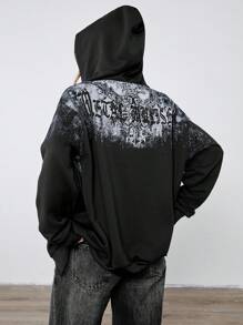 Cyber Y2K Women Fashion Street Punk Print Hooded Zip Up Long Sleeve Jacket, Autumn/Winter Sweatshirt - Black - View 3