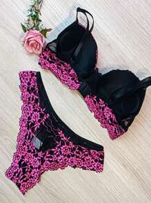 Luxury Two-Tone Lace Bra Lingerie Set - 149 - 玫紅色 - 查看 2