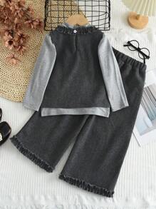 3pcs Young Girl Casual Plain Half Collar Base Shirt & Side Pockets Vest & Lace Trousers For Autumn And Wintter