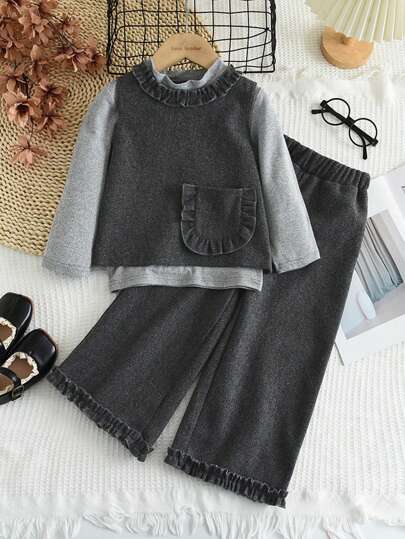 Conjunto de 3 piezas para niña joven compuesto por camisa básica de cuello medio, chaleco con bolsillos laterales y pantalones con encaje para otoño e invierno