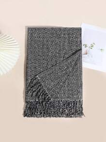 1 件男士休闲几何框架图案厚羊毛保暖流苏针织围巾，适合约会、日常穿着、上学和户外购物 - A - 查看 4