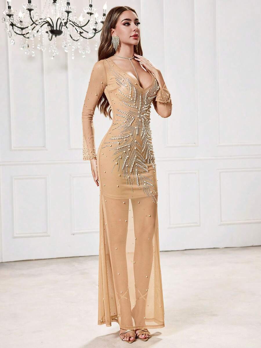 NIKBK 秋季服装加大码或女装秋季华丽深 V 领春夏优雅钻石和串珠婚礼宾客舞会音乐会派对晚会