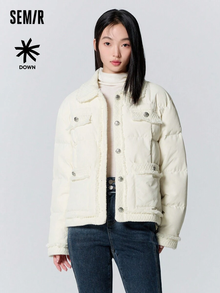 SEMIR Women's Chic Collar Jacket Winter 2024 Elegant Textured Outerwear - Beige - View 1