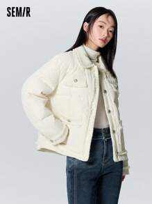 SEMIR Women's Chic Collar Jacket Winter 2024 Elegant Textured Outerwear - Beige - View 2