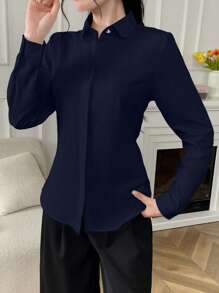 Elva Women's Solid Color Long Sleeved Business Interview Commuting Casual Relaxed Feeling Simple Elegant Spring Summer Autumn Shirt