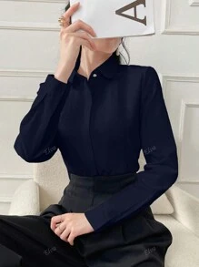 Elva Women's Solid Color Long Sleeved Business Interview Commuting Casual Relaxed Feeling Simple Elegant Spring Summer Autumn Shirt
