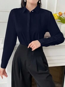 Elva Women's Solid Color Long Sleeved Business Interview Commuting Casual Relaxed Feeling Simple Elegant Spring Summer Autumn Shirt