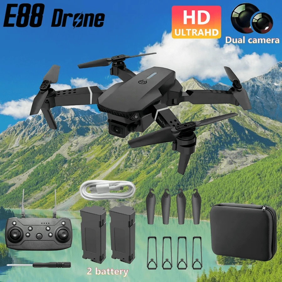 Máy bay không người lái E88, Tránh chướng ngại vật ba mặt, Chuyển đổi camera kép, Con quay hồi chuyển sáu hướng, Cất cánh một lần nhấp, Hạ cánh một lần nhấp, Cất cánh và hạ cánh, Tiến và lùi, Bay trái và phải, Thích hợp cho người mới bắt đầu, Quà tặng Giáng sinh tuyệt vời, Quà tặng sinh nhật, Quà tặng năm mới