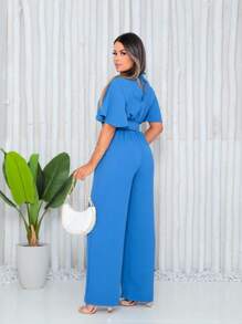 Women's Jumpsuit Short Sleeve Elegant With Belt - 藍色 - 查看 2