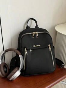 1 件黑色金属拉链尼龙背包，时尚百搭休闲运动大容量背包，适合女性、学校、旅行、约会 - 黑色 - 查看 2