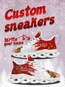 Men's Christmas Custom Name Sneakers, Christmas Snowman Designed Name Customization Lightweight Comfortable Soft Bottom Sneakers For Men, Gym Training Breathable Tennis Shoes Christmas Gift For Mom/Dad/Her/Him/Girlfriend/Boyfriend/Wife/Husband/Friend ﻿ - White - View 1