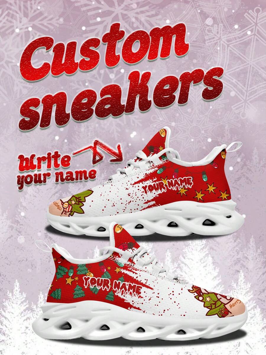 Men's Christmas Custom Name Sneakers, Christmas Snowman Designed Name Customization Lightweight Comfortable Soft Bottom Sneakers For Men, Gym Training Breathable Tennis Shoes Christmas Gift For Mom/Dad/Her/Him/Girlfriend/Boyfriend/Wife/Husband/Friend ﻿ - White - View 1
