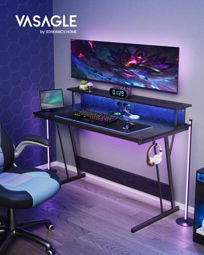 VASAGLE Scrivania da Gaming con Luci LED e Prese di Corrente, Scrivania da Computer, Supporto per Monitor, Tavolo per 2 Monitor, Ufficio, Camera da Letto, 55 x 135 x 76 cm, Nero Ebano / Nero Carbone/Marrone Vintage