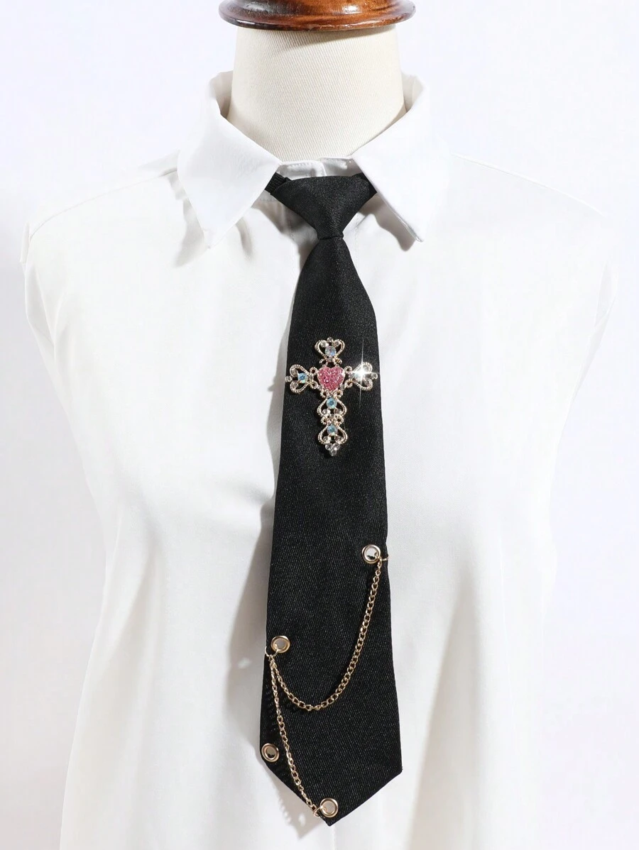 1件女士纯色黑色/粉色/灰色/绿色时尚水钻十字架、心形、皇冠装饰颈链，适合约会、日常、购物、节日、衬衫、圣诞节装饰等场合。