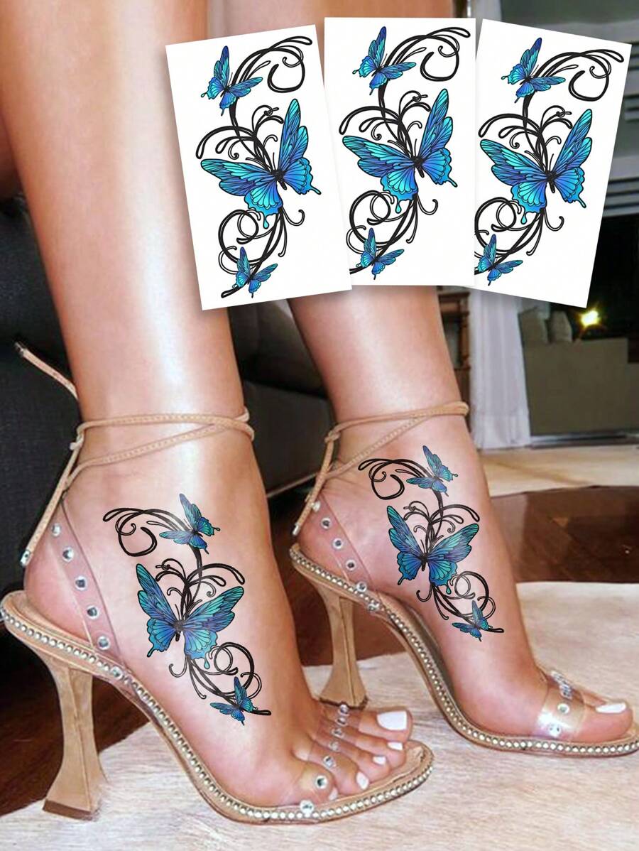 3 miếng dán hình xăm tạm thời hình con bướm xanh phong cách cổ điển 3d, hình xăm giả không thấm nước kéo dài trong 2-5 ngày, phù hợp cho cả nam và nữ, che sẹo, cho cánh tay, cổ tay, vai, chân, eo, cổ, bàn tay, ngực, đùi, ngón tay - Màu xanh lam - Xem 1