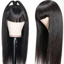 PAZAT Straight Wigs With Bangs Human Hair Wigs For Women None Lace Front Wigs 150% Density Brazilian Virgin Hair Glueless Machine Made Wig Natural Color Short Bob Wigs(6inch)