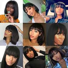PAZAT Straight Wigs With Bangs Human Hair Wigs For Women None Lace Front Wigs 150% Density Brazilian Virgin Hair Glueless Machine Made Wig Natural Color Short Bob Wigs(6inch)