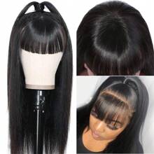 PAZAT Straight Wigs With Bangs Human Hair Wigs For Women None Lace Front Wigs 150% Density Brazilian Virgin Hair Glueless Machine Made Wig Natural Color Short Bob Wigs(6inch)