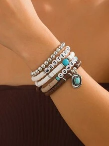 5 件套波西米亚风格仿粘土珠字母链手链，复古夸张节日派对牛仔帽吊坠手链礼物 - 5件套 - 查看 4