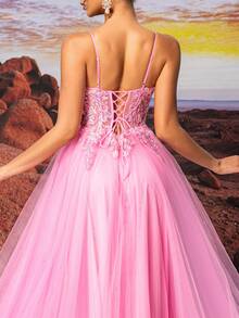 Rosa Tüll Slip Kleid, farbenfroher und schöner Kleid mit unterschiedlichen Farben von Pailletten, lebensecht bestickt und leuchtet im Licht, für Teenager A-Linie bodenlanges Ballkleid, Abendkleid für festliche Anlässe, elegantes halbformelles Abschlussballkleid, für Geburtstag, Hochzeitsgast, Abschlussball - Pink - Übersicht 9