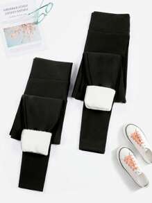 2件套保暖内衬打底裤，休闲高腰保暖打底裤，户外运动冬季紧身裤 - 黑色 - 查看 1