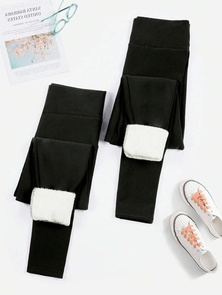 2件套保暖内衬打底裤，休闲高腰保暖打底裤，户外运动冬季紧身裤 - 黑色 - 查看 1