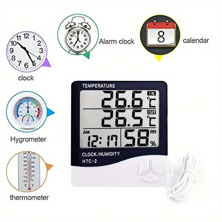 Indoor Outdoor Thermometer Alarm Clock, Creative Home Dual Temperature Display With Sensor, Digital Thermometer Hygrometer, Alarm Clock - White - View 3