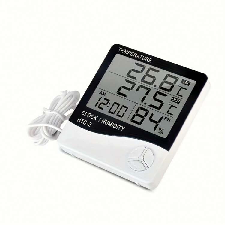 Indoor Outdoor Thermometer Alarm Clock, Creative Home Dual Temperature Display With Sensor, Digital Thermometer Hygrometer, Alarm Clock - White - View 7