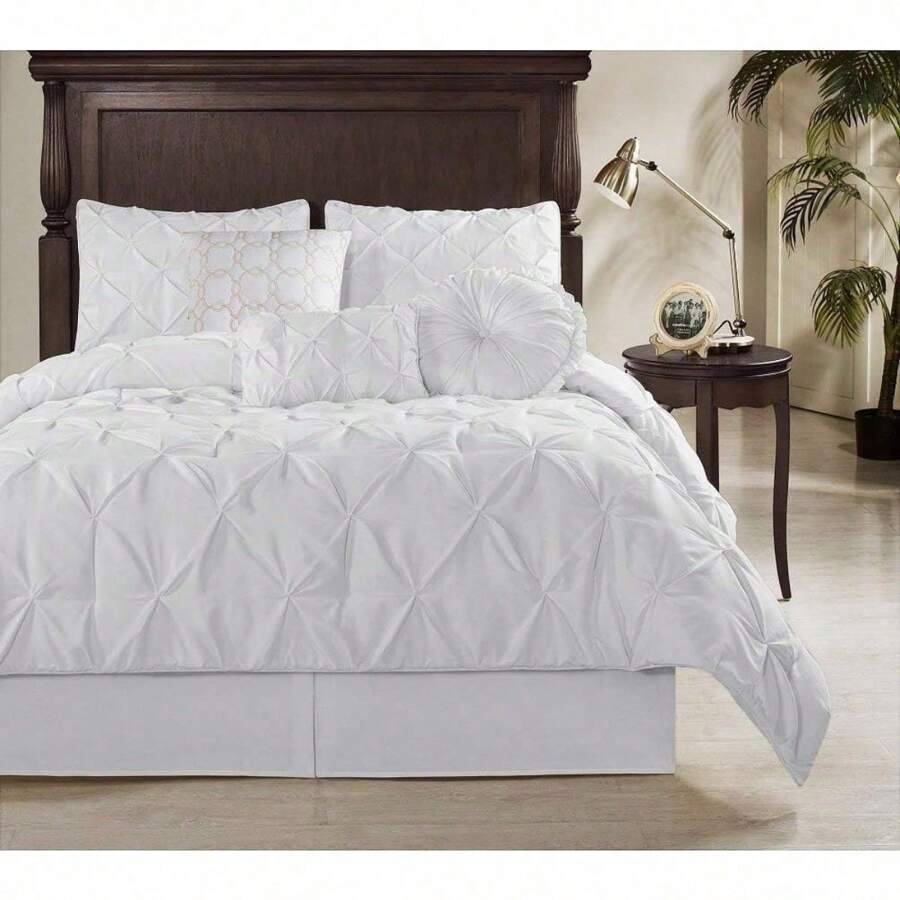 7Piece Pinch Pleat Pintuck Bedding Comforter Set (King, White) SHEIN UK