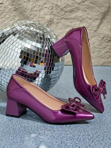 Giày cao gót đế giữa mùa xuân mới 2024 có nơ, gót vuông mũi nhọn, giày cao gót thanh lịch bằng da bóng - Cà tím tím - Xem 6