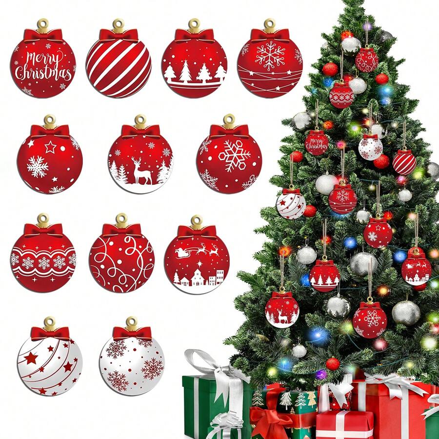Bộ đồ trang trí treo bằng gỗ hình quả bóng Giáng sinh sáng tạo, Trang trí cây thông Noel, Trang trí nhà cửa & tiệc tùng - nhiều màu - Xem 1