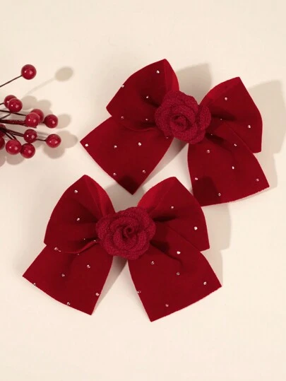 2个红黑蝴蝶结发夹，适合女孩，布艺花朵和水钻装饰发夹，优雅儿童日常发饰